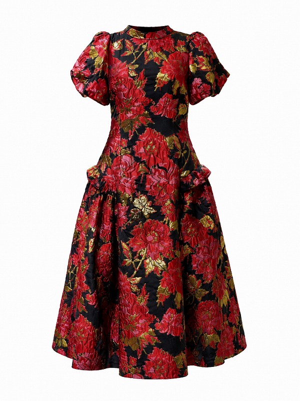 【新品DRESS 4815】ゴールド花柄刺繍ハイネックパフスリーブジャガードフレアロングドレス レッド【DREAM】